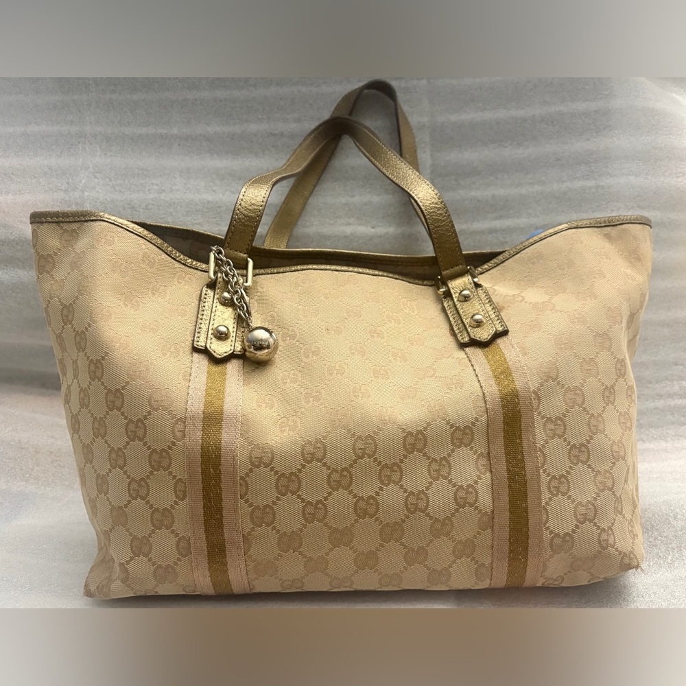GUCCI Joy Tote GG Canvas Champagne Metallic Leather Charm Shoulder Bag Auth COA